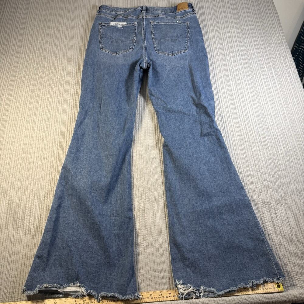 American Eagle Blue Jeans Womens 14 L Super High Rise Flare Distressed Raw Hem